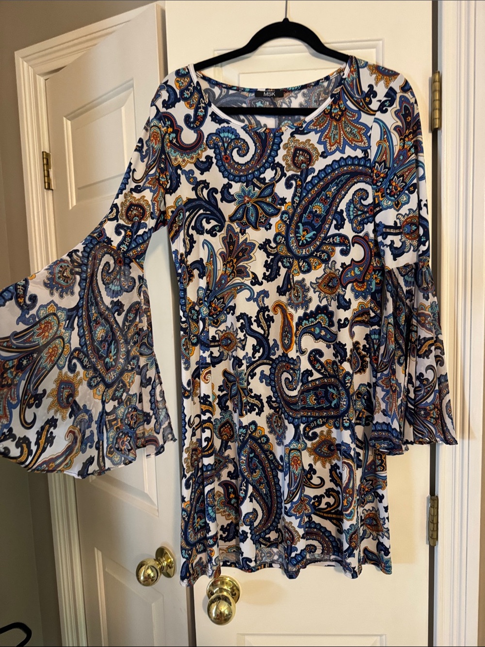 MSK White Paisley Bell-Sleeve A-Line Dress with Blue and Brown Accents